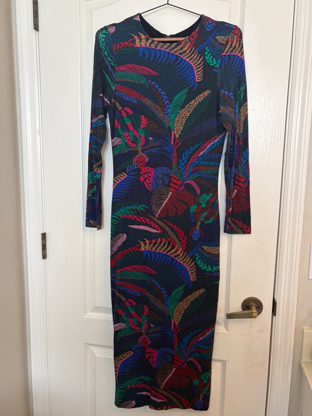 FARM Rio Amazonia Night Long Sleeve Midi Bodycon Dress S tropical botanical - Picture 5 of 12